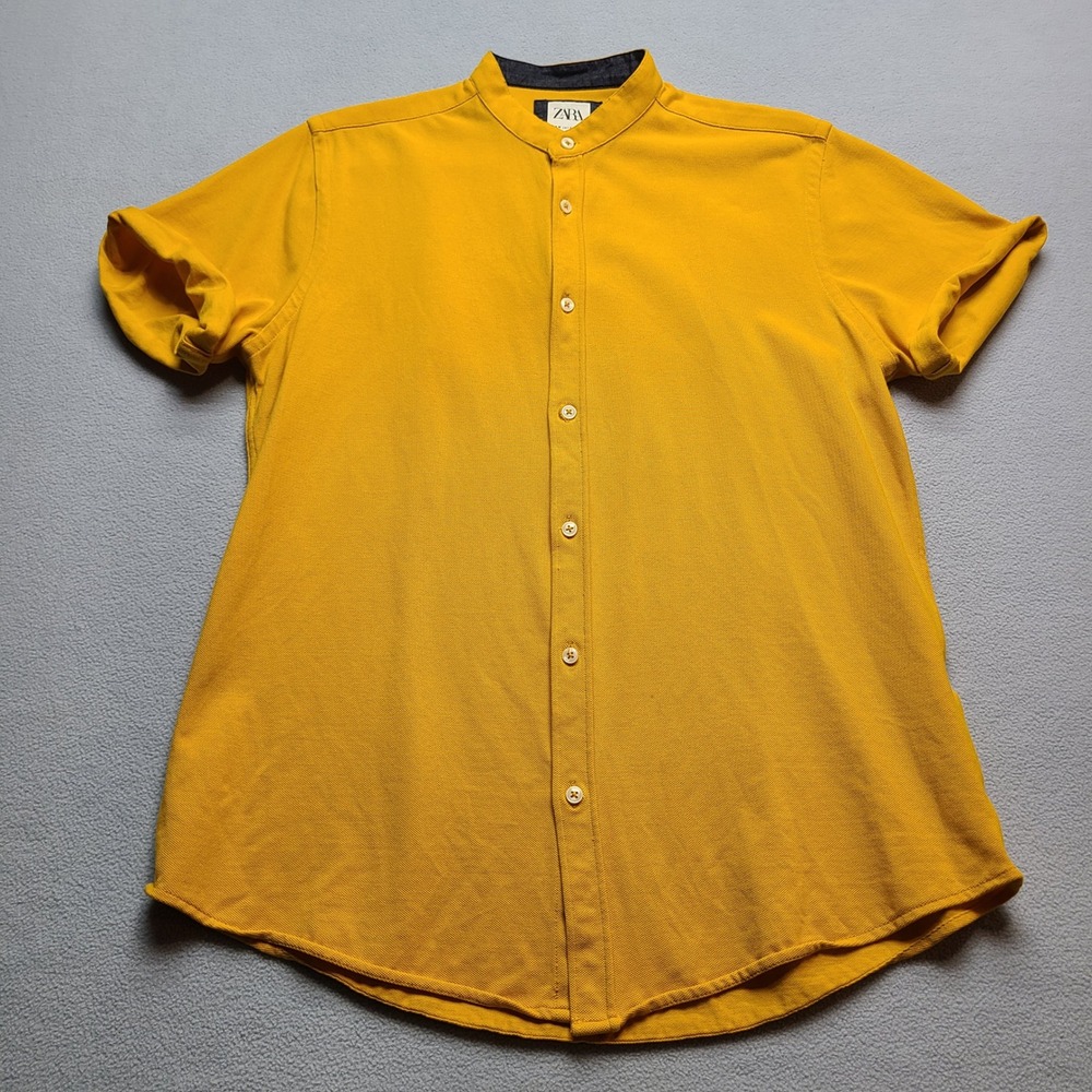 Zara Button Down Shirt Women Medium Yellow Excellent Band Collar Slim Fit Pique